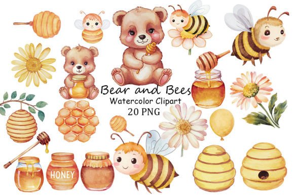 Bear and Bees Watercolor Clipart: Illustrations for Branding