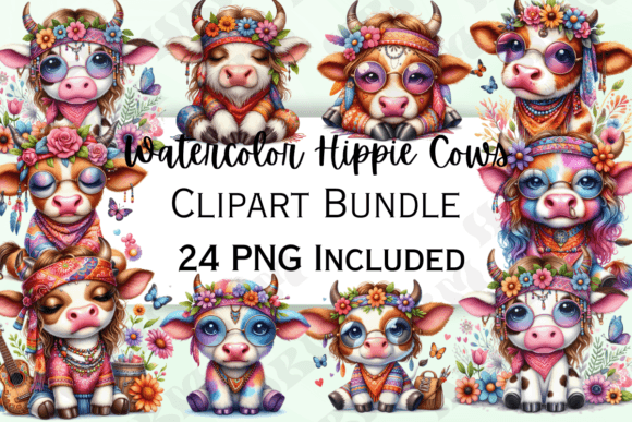 Cute Watercolor Hippie Cows Clipart Illustrations Review
