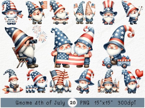Gnome 4th of July Watercolor Clipart Illustrations