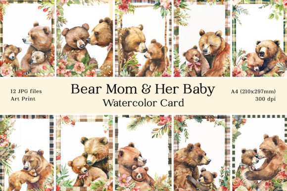 Mother s Day Bear Mom Watercolor Card Illustrations