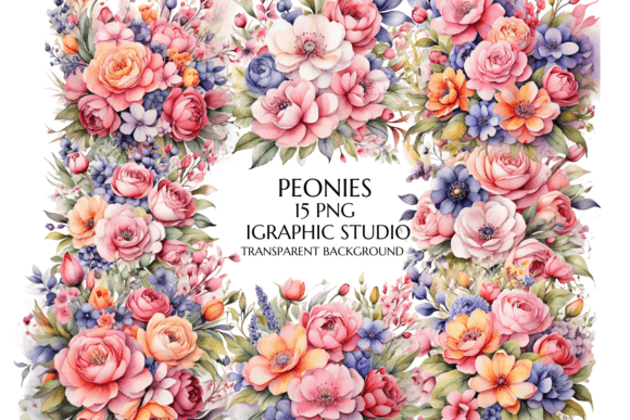 Pink Peony Watercolor Clipart for Embroidery
