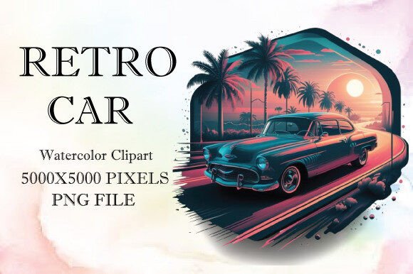 Retro Car Watercolor Clipart 27: Editorial Illustrations