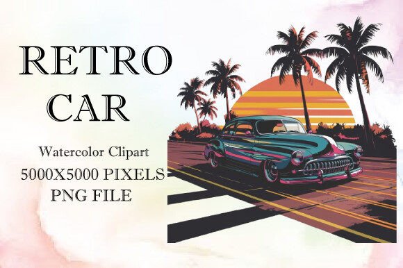 Retro Car Watercolor Clipart 9: Illustrations for Crafts