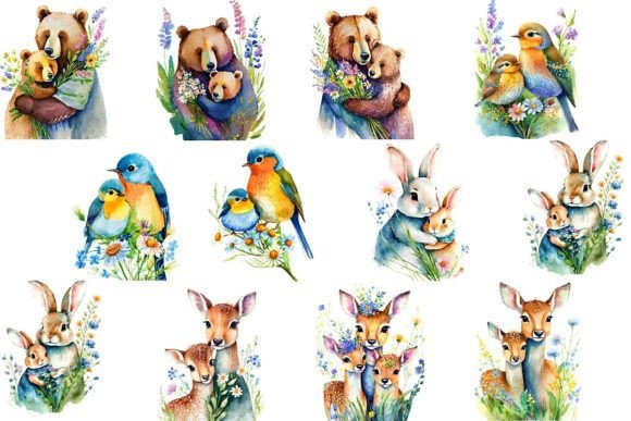Watercolor Animal Mamas and Babys Illustrations