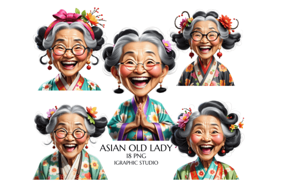 Watercolor Asian Old Lady Clipart Illustrations