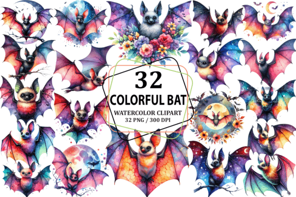 Watercolor Bat Clipart Sublimation PNG Illustrations