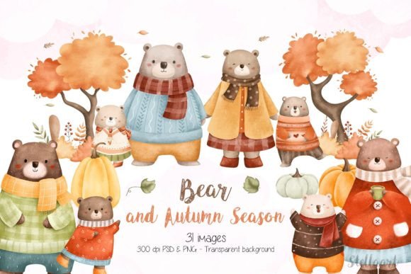 Watercolor Bears and Autumn Season Illustrations