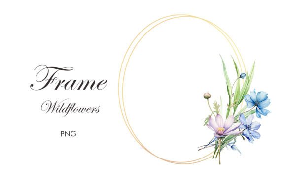 Watercolor Blue Wildflowers Gold Frame Illustrations