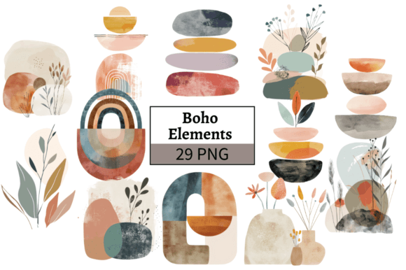 Watercolor Boho Shapes PNG Illustrations for Editorial Use