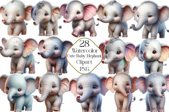 Watercolor Cute Baby Elephant Clipart Illustrations