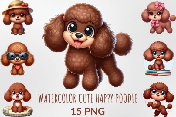 Watercolor Cute Happy Poodle Sublimation Illustrations