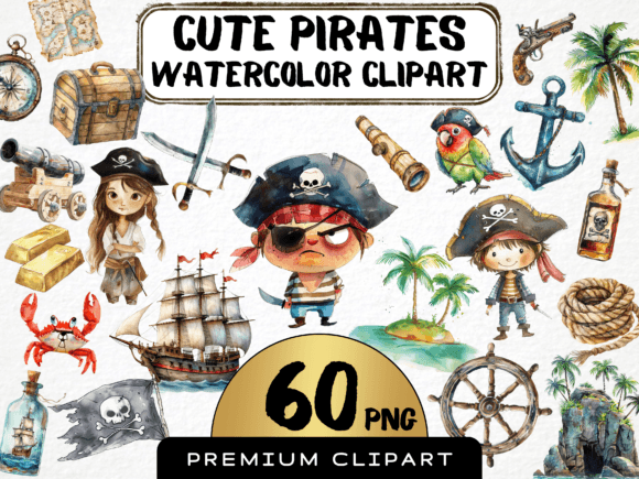 Watercolor Cute Pirate Clipart: Editorial Illustrations