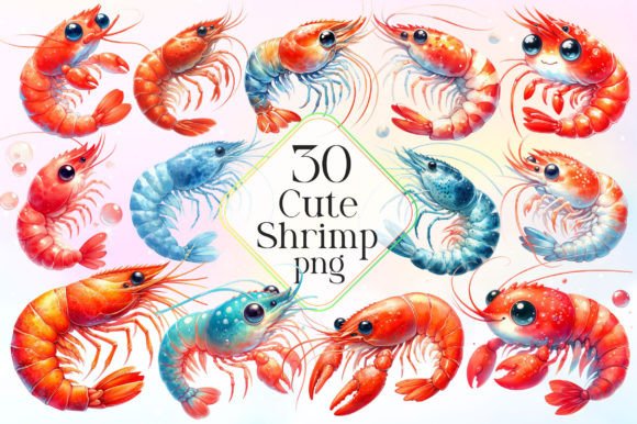 Watercolor Cute Shrimp Clipart: Illustrations for Sellers