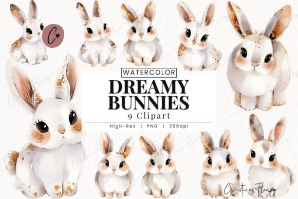 Watercolor Dreamy Bunny Clipart: Editorial Illustrations