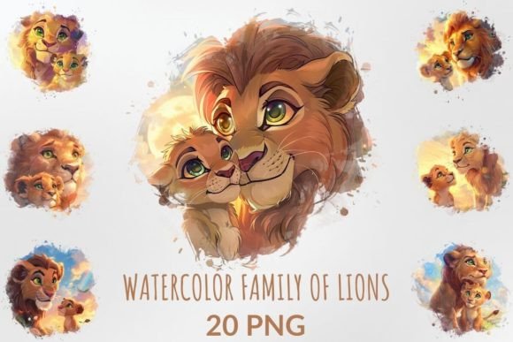 Watercolor Family of Lions Illustrations for Branding