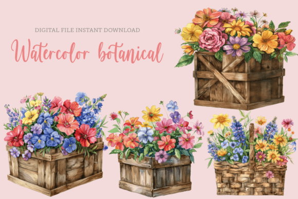 Watercolor Flower Basket Clipart in Illustrations