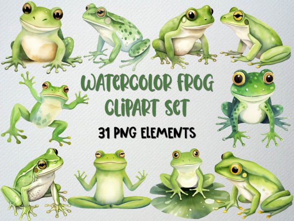 Watercolor Frog Clipart Set: 31 PNG Illustrations