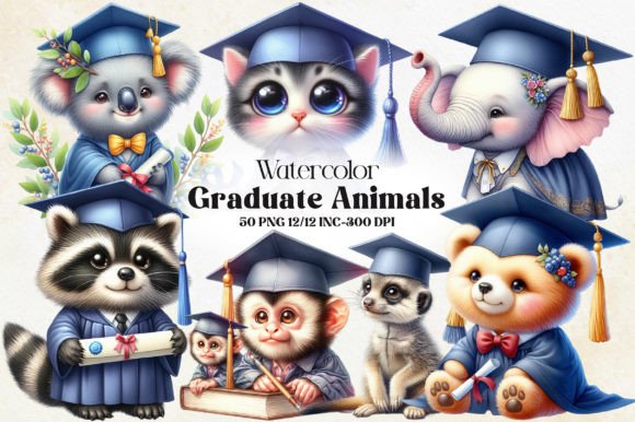 Watercolor Graduation Animals Illustrations for Branding