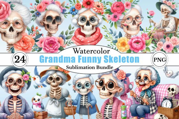Watercolor Grandma Funny Skeleton PNG Illustrations