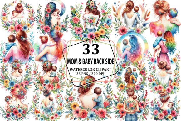 Watercolor Mom Baby Back Side Illustrations