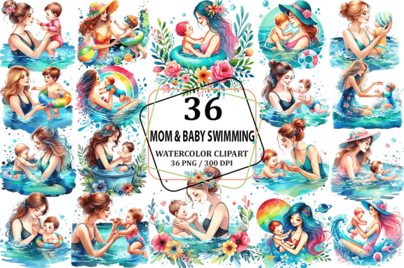 Watercolor Mommy Baby Swimming Clipart Illustrations