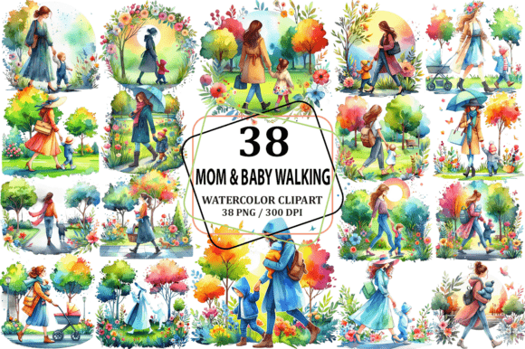 Watercolor Mother Baby Walking Clipart Illustrations