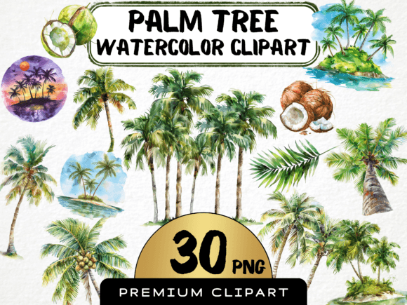 Watercolor Palm Tree Clipart in Illustrations