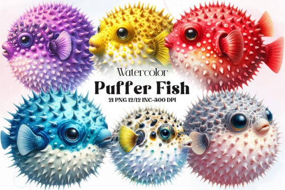 Watercolor Puffer Fish Clipart Bundle Illustrations