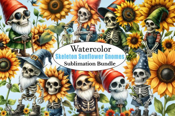 Watercolor Skeleton Sunflower Gnomes PNG Illustrations