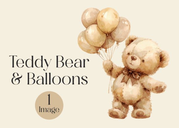 Watercolor Teddy Bear with Balloons Illustrations